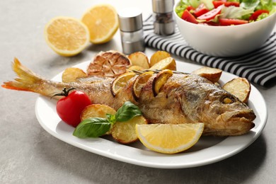 Tasty homemade roasted perch with garnish on grey table. River fish