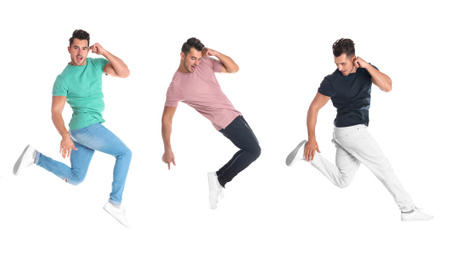 Image of Collage of emotional young man wearing fashion clothes jumping on white background
