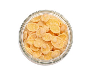 Jar of tasty corn flakes isolated on white, top view
