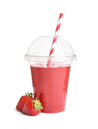 Photo of Plastic cup of tasty strawberry smoothie and fresh fruits on white background