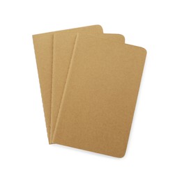 Stylish kraft planners on white background, top view