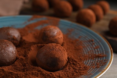 Delicious chocolate truffles with cocoa powder on blue plate, closeup