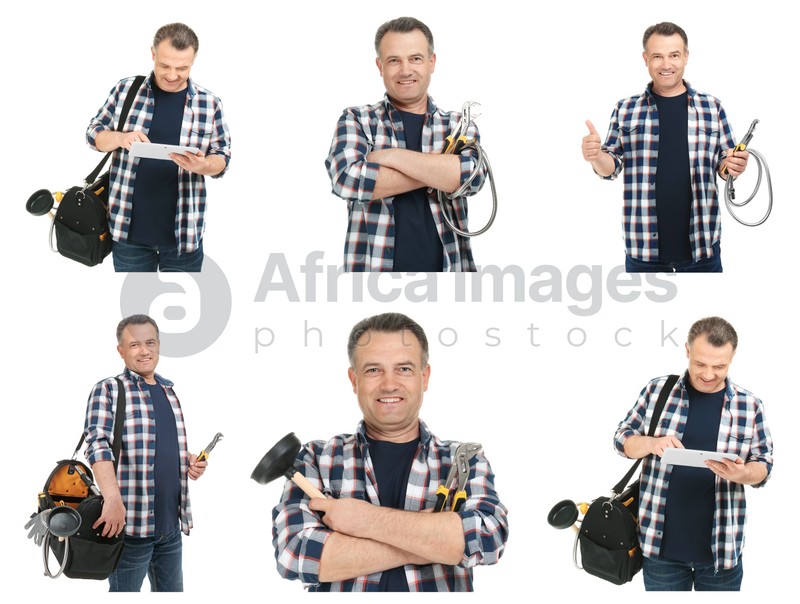 Collage with photos of mature plumber on white background