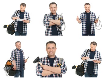 Collage with photos of mature plumber on white background