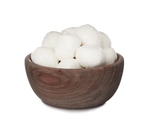 Wooden bowl with mozzarella cheese balls on white background