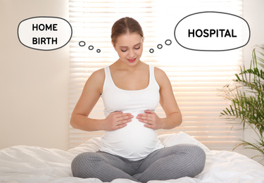 Young pregnant woman on bed at home. Choice between Hospital and Home Birth