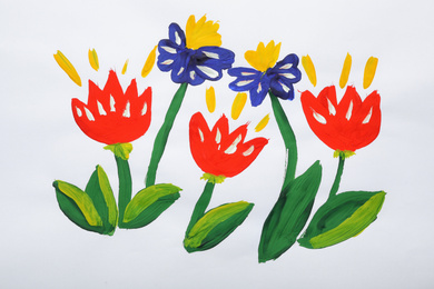 Child's painting of flowers on white paper