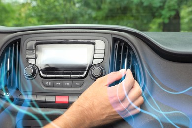 Woman turn on conditioner in car and illustration of cool air flow, closeup