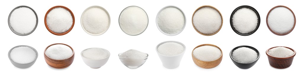 Set with granulated sugar on white background. Banner design