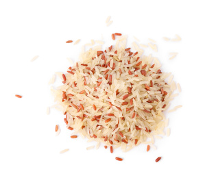 Mix of brown and polished rice isolated on white, top view