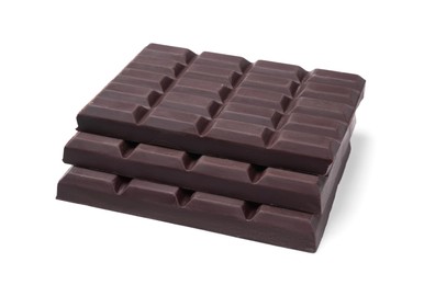 Photo of Delicious dark chocolate bars on white background