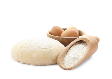 Dough, eggs and flour on white background. Cooking pastries