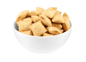 Bowl of sweet crispy corn pads on white background. Breakfast cereal