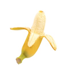 Tasty peeled baby banana isolated on white