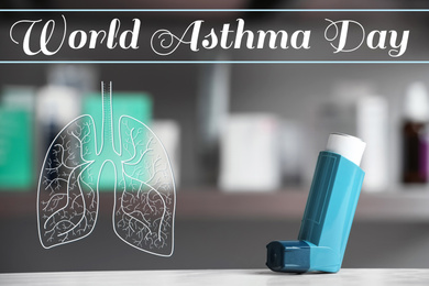 World asthma day. Inhaler on table against blurred background
