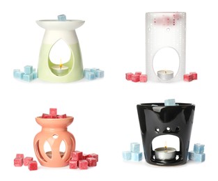 Different stylish aroma lamps with essential wax cubes on white background, collage