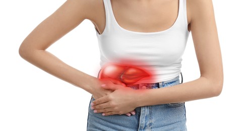 Woman suffering from liver pain on white background, closeup
