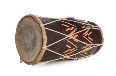 Vintage hand drum isolated on white. Percussion musical instrument