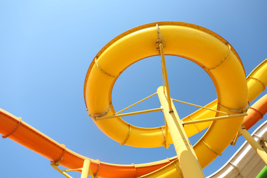 Colorful slides in water park, bottom view