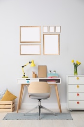 Image of Stylish room interior with empty posters on wall. Mockup for design