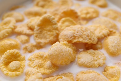 Tasty cornflakes with milk as background, closeup