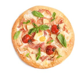 Pita pizza with prosciutto, pineapple, grilled tomatoes and egg isolated on white, top view