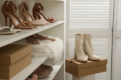 Shelving unit with stylish shoes in dressing room