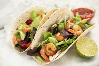 Delicious tacos with shrimps and lime on white table, closeup