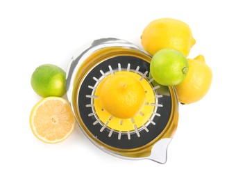Metal juicer, fresh lime and lemons on white background, top view
