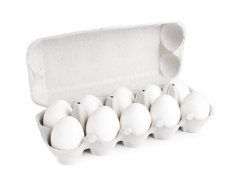 Chicken eggs in cardboard box isolated on white