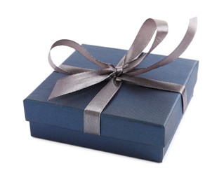 Blue gift box with satin bow on white background