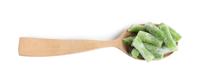 Frozen green beans in wooden spoon isolated on white, top view. Vegetable preservation