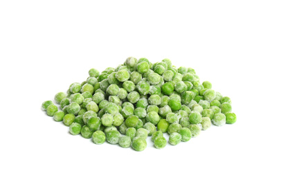Pile of frozen peas isolated on white. Vegetable preservation