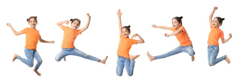 Cute little girl jumping on white background, collage. Banner design