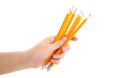 Woman holding many pencils on white background, closeup