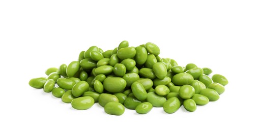 Pile of fresh edamame soybeans on white background