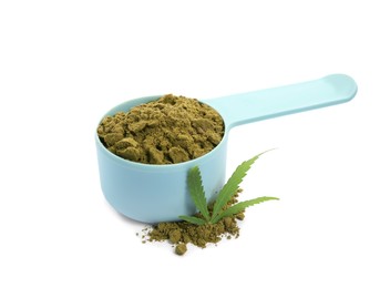 Scoop with hemp protein powder and green leaf on white background