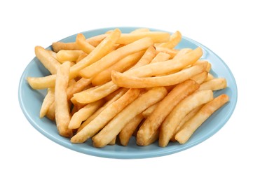 Plate of delicious french fries on white background