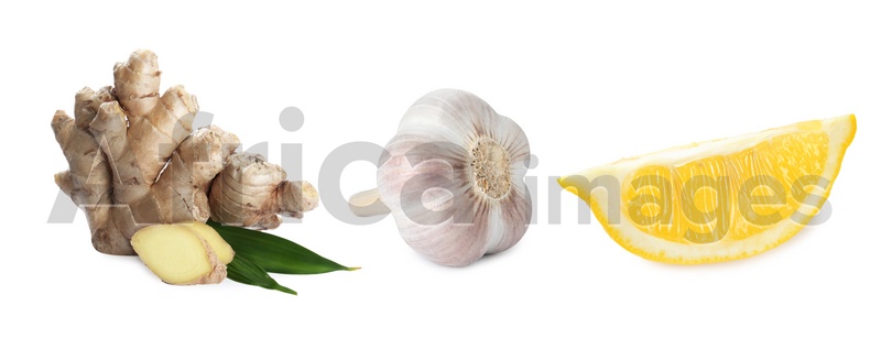 Image of Ginger root, garlic and lemon on white background. Banner design 