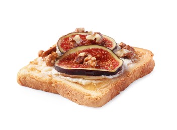 Delicious toast with cream cheese, sliced figs and nuts isolated on white
