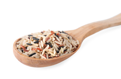 Mix of different brown rice in wooden spoon isolated on white
