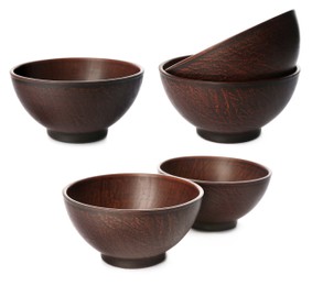 Set with stylish clay bowls on white background