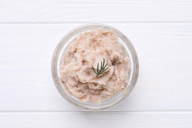 Photo of Delicious lard spread on white wooden table, top view