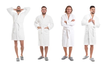 Men wearing bathrobes on white background, collage. Banner design