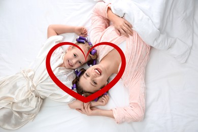 Illustration of red heart and happy mother with daughter with curlers lying on bed, top view
