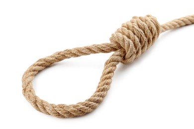 Rope noose with knot on white background, closeup
