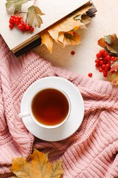 Photo of Flat lay composition with cup of aromatic tea and soft pink sweater. Autumn atmosphere