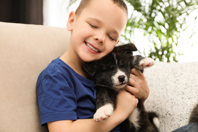 Little boy with Akita inu puppy on sofa at home. Friendly dog
