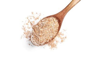 Wooden spoon with wheat bran on white background, top view