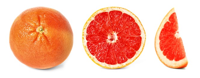 Whole and cut ripe juicy grapefruits on white background, collage. Banner design